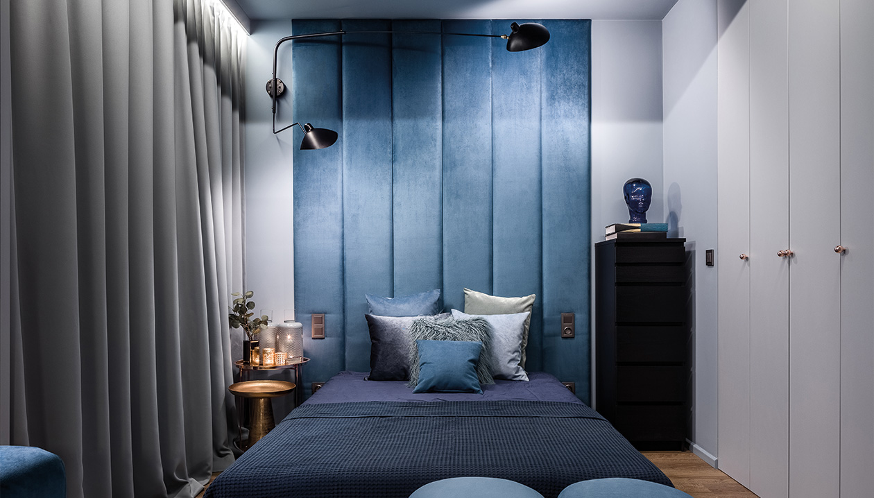 Bedroom with black-out curtains.